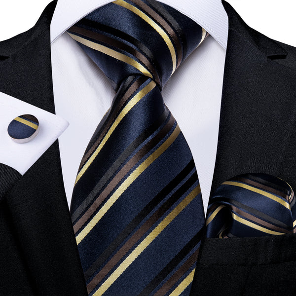 Dark Blue Champagne Striped Necktie Pocket Square Cufflinks Set
