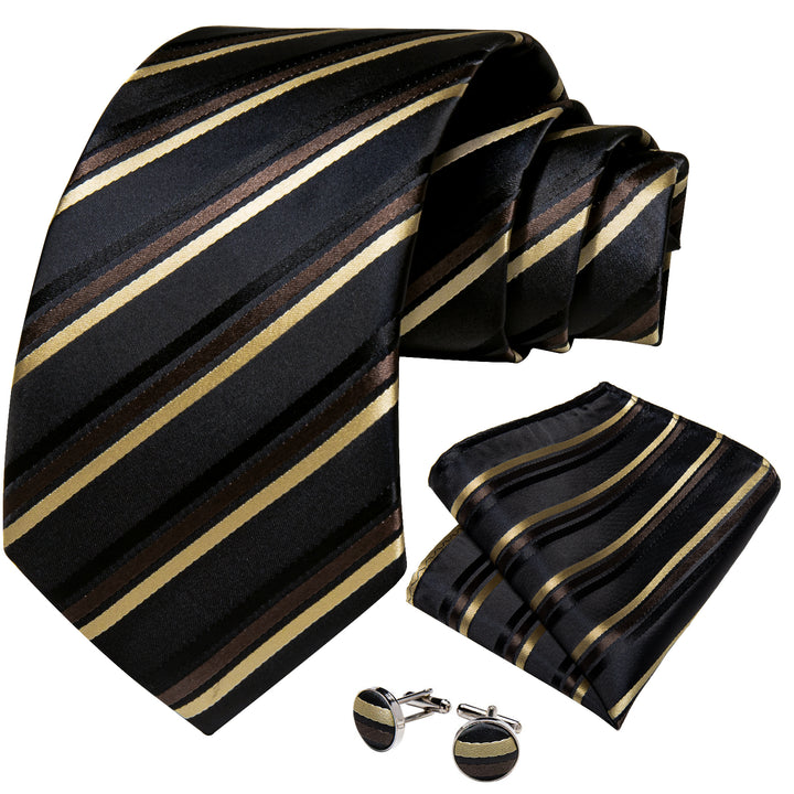 Black Champagne Striped Silk Fabric Tie 