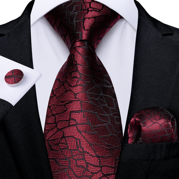 Burgundy Red Crack Novelty Necktie Pocket Square Cufflinks Set