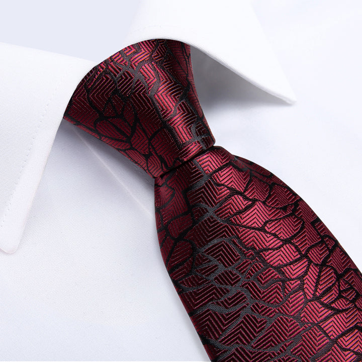 Burgundy Tie Crack Novelty Men's Silk Necktie Pocket Square Cufflinks Set
