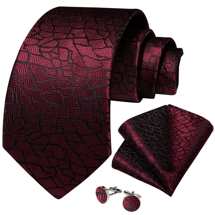 Burgundy Tie Crack Novelty Men's Silk Necktie Pocket Square Cufflinks Set