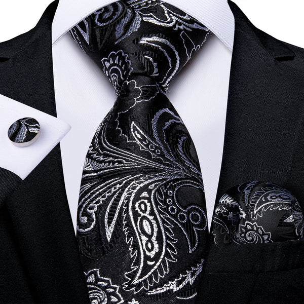 Black White Paisley Silk Fabric Tie Hanky Cufflinks Set