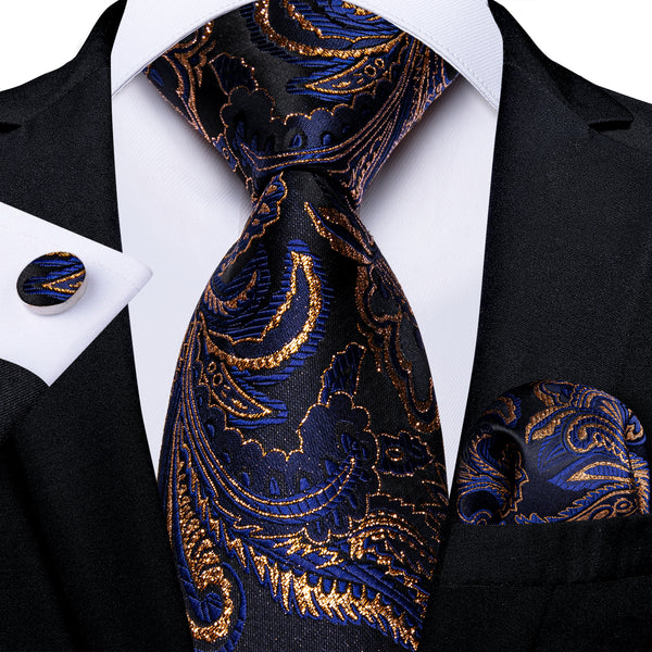 Black with Golden Line Paisley Silk Fabric Tie Hanky Cufflinks Set