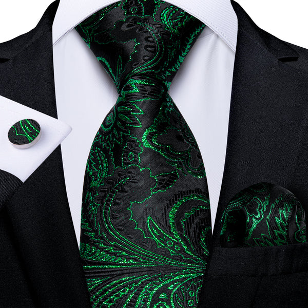 Black Green Paisley Silk Fabric Tie Hanky Cufflinks Set