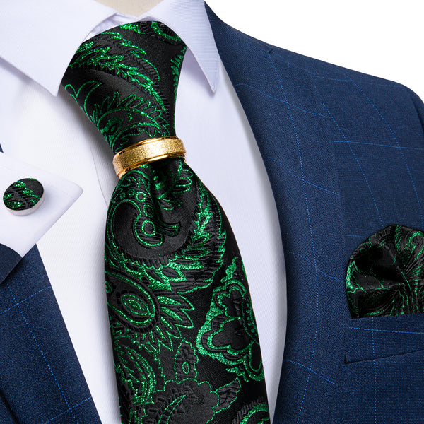 Black Green Paisley Tie Ring Pocket Square Cufflinks Set