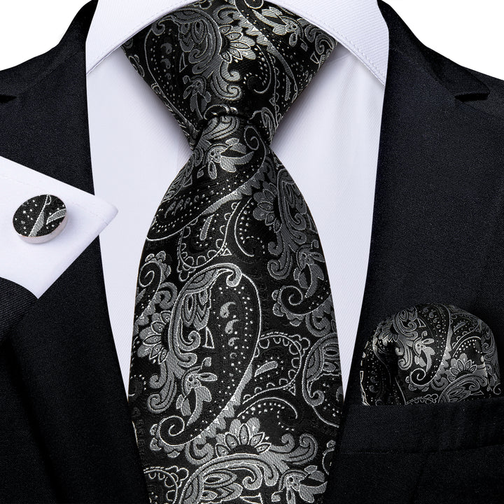 Black Grey Paisley Silk Fabric Tie 