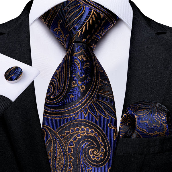 Blue Black Paisley Silk Fabric Tie Hanky Cufflinks Set