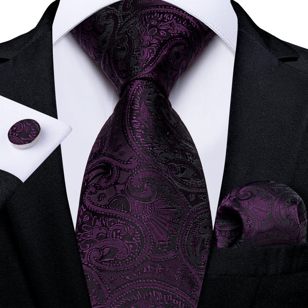 Black Purple Paisley Necktie Pocket Square Cufflinks Set