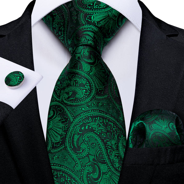 Dark Green Paisley Silk Fabric Tie Hanky Cufflinks Set