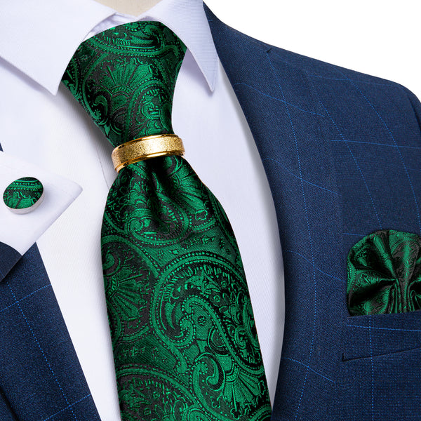 Green Paisley Tie Ring Pocket Square Cufflinks Set