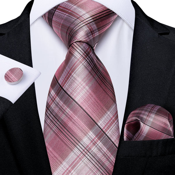 Pink Black Line Plaid Silk Fabric Tie Hanky Cufflinks Set