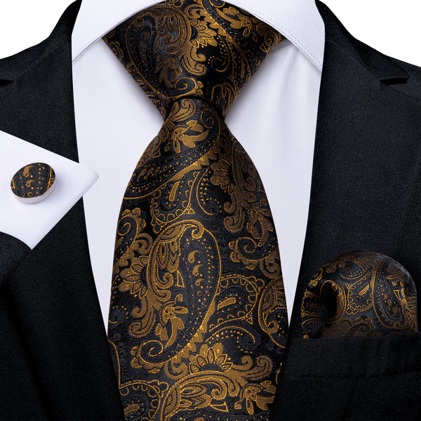 Black Golden Paisley Silk Fabric Tie Hanky Cufflinks Set