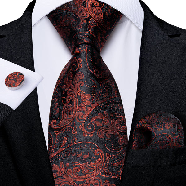 Black Red Paisley Silk Fabric Tie Hanky Cufflinks Set