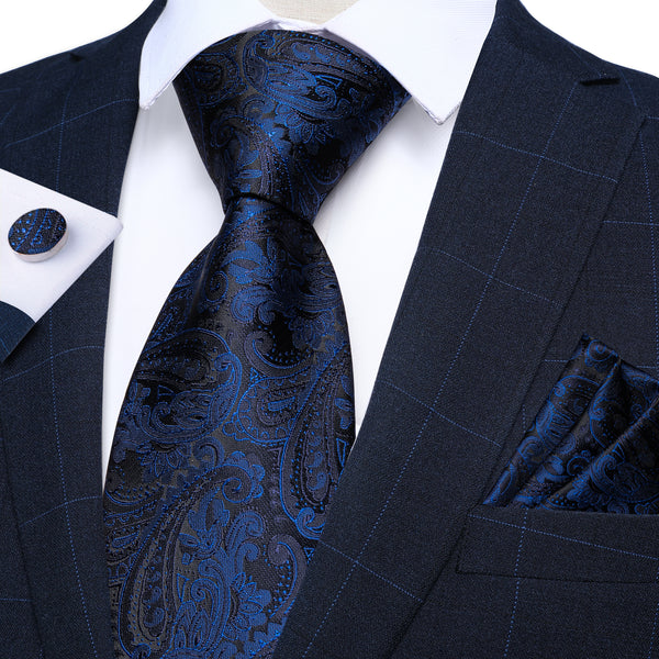 Black Blue Paisley Necktie Pocket Square Cufflinks Set