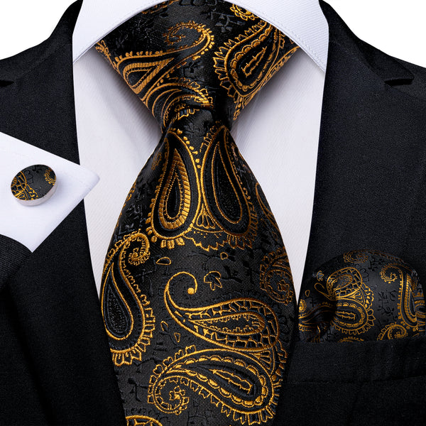 New Luxury Black Golden Paisley Necktie Pocket Square Cufflinks Set