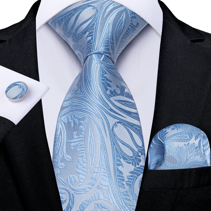 New Baby Blue Paisley Silk Fabric Tie