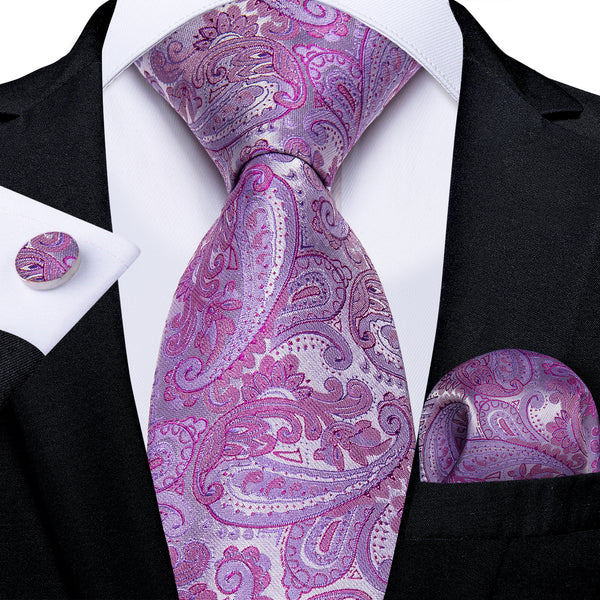 Silver Purple Paisley Necktie Pocket Square Cufflinks Set