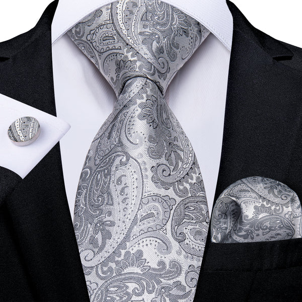 Silver Grey Paisley Necktie Pocket Square Cufflinks Set