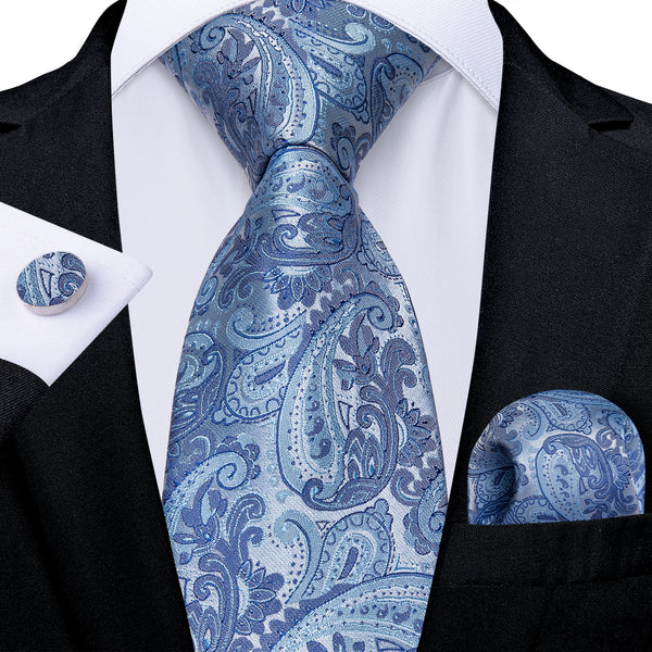 Silver Blue Paisley Necktie Pocket Square Cufflinks Set