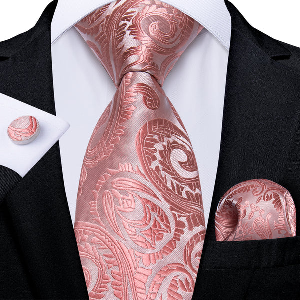 Silver Pink Paisley Necktie Pocket Square Cufflinks Set