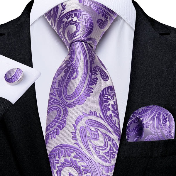 Silver Purple Paisley Tie Pocket Square Cufflinks Set