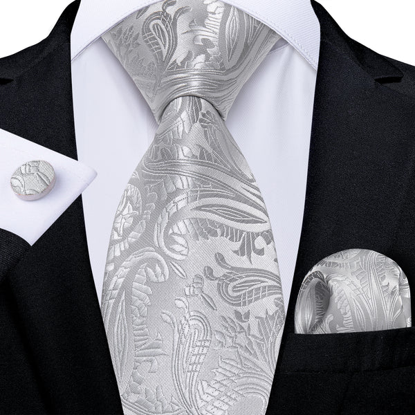 Silver Grey Paisley Tie Pocket Square Cufflinks Set