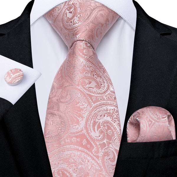 Baby Pink Paisley Tie Pocket Square Cufflinks Set