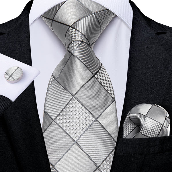 New Light Grey Plaid Silk Fabric Tie Hanky Cufflinks Set