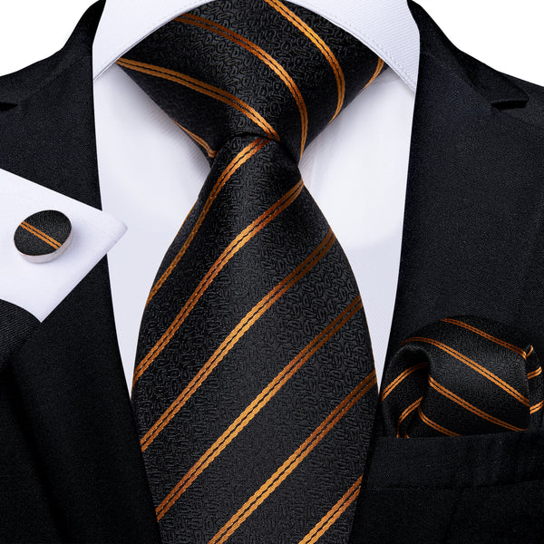 62-inch Length Black Golden Two-Links Striped Paisley Men's Tie Handkerchief Cufflinks Set