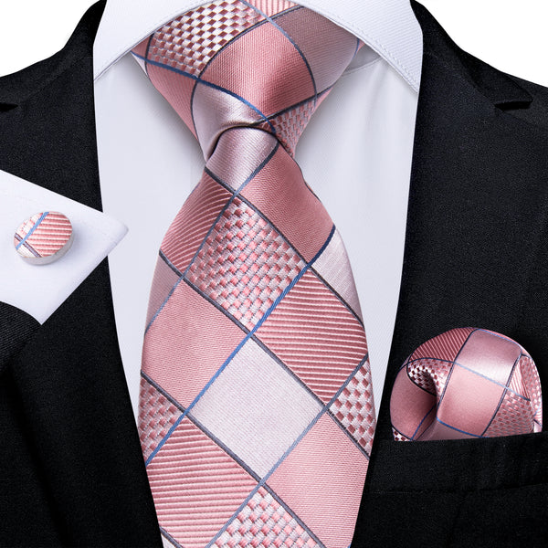 New Light Pink Plaid Silk Fabric Tie Hanky Cufflinks Set