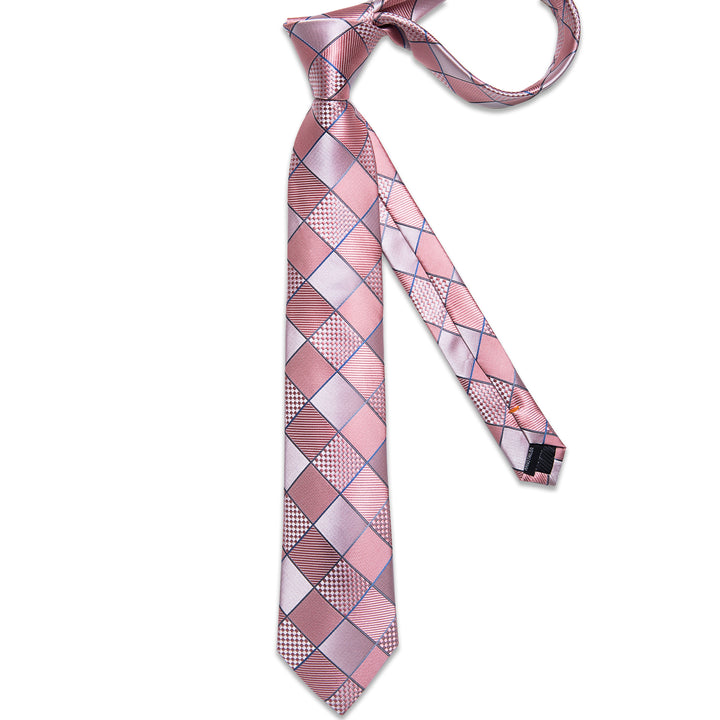 New Light Pink Plaid Silk Fabric Tie Hanky Cufflinks Set