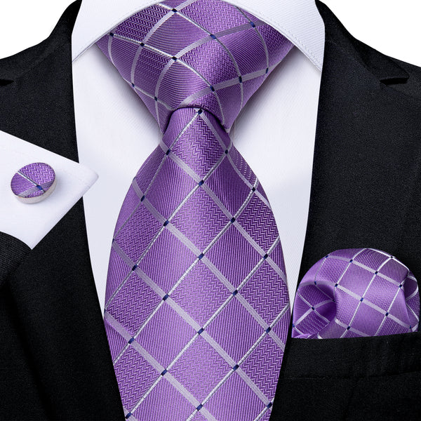 Purple Plaid Silk Fabric Tie Hanky Cufflinks Set