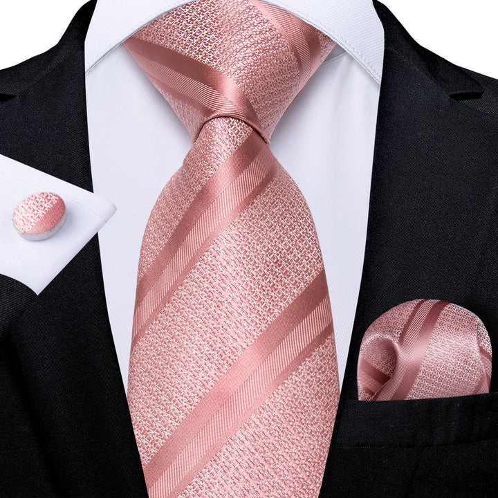 rose pink striped silk tie handkerchief cufflinks set for mens suit dress