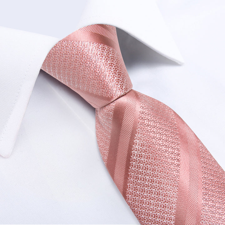 rose pink striped silk tie handkerchief cufflinks set for mens suit dress