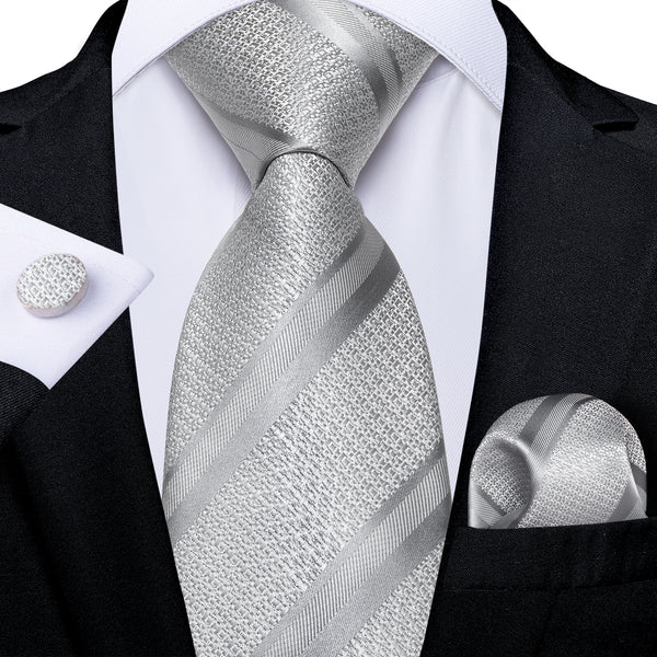 Grey Striped Necktie Pocket Square Cufflinks Set