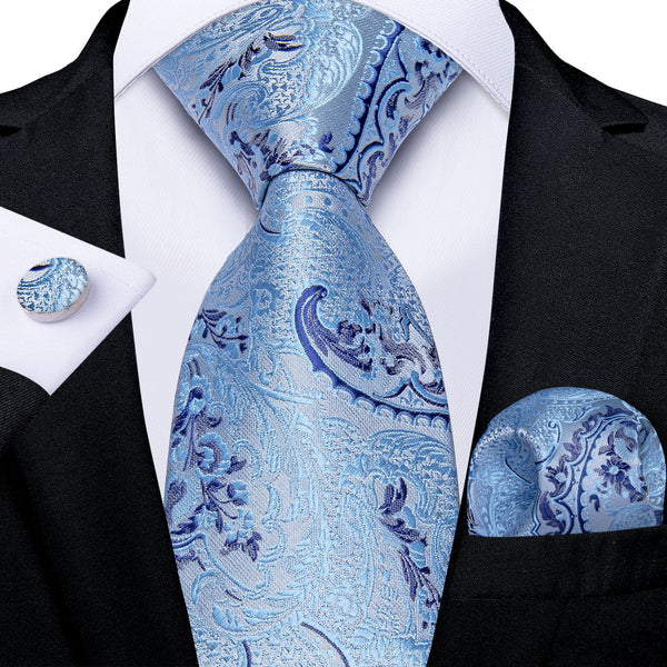 Baby Blue Paisley Silk Fabric Tie Hanky Cufflinks Set