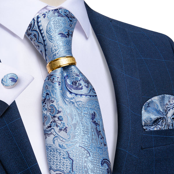 Ties2you Blue Tie Paisley Tie Pocket Square Cufflinks with Ring Set