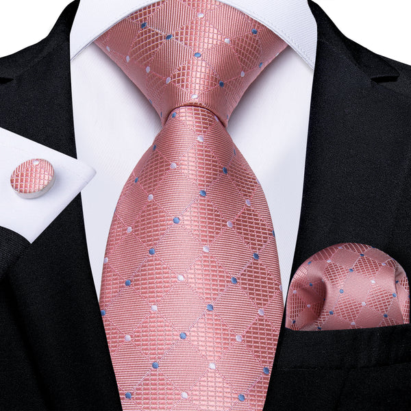 Pink Plaid Silk Fabric Tie Hanky Cufflinks Set