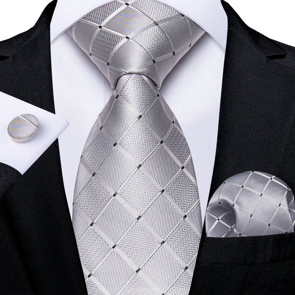 Silver Grey Plaid Silk Fabric Tie Hanky Cufflinks Set