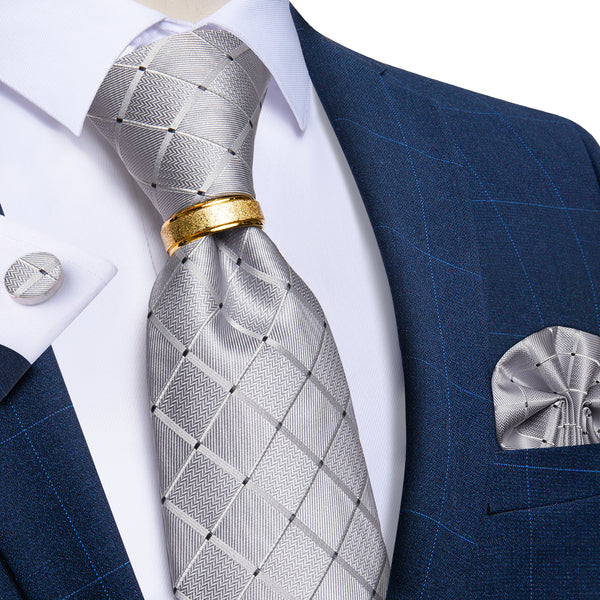Grey Plaid Tie Ring Pocket Square Cufflinks Set