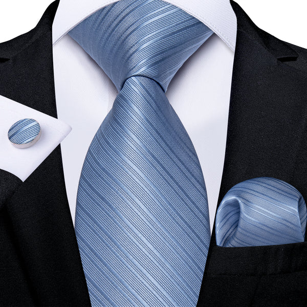 Light Blue Striped Silk Fabric Tie Hanky Cufflinks Set