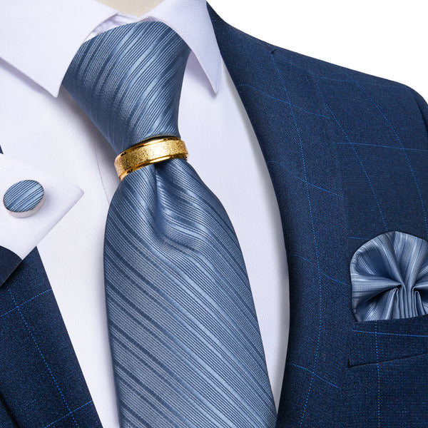 Blue Striped Tie Ring Pocket Square Cufflinks Set