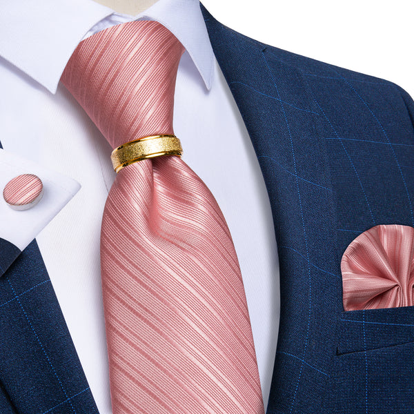 Pink Striped Tie Ring Pocket Square Cufflinks Set