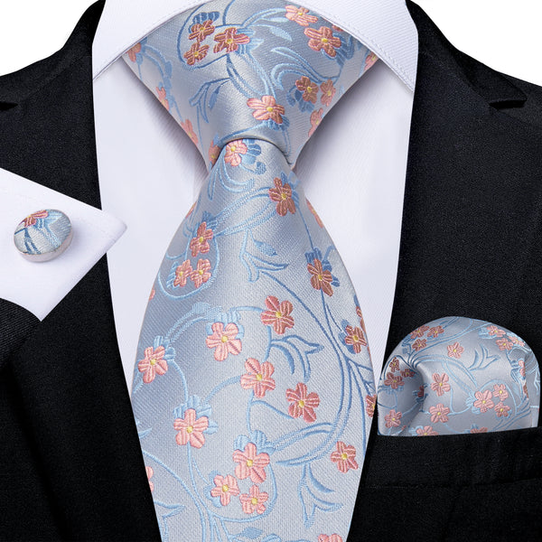 Baby Blue with Pink Floral Silk Fabric Tie Hanky Cufflinks Set