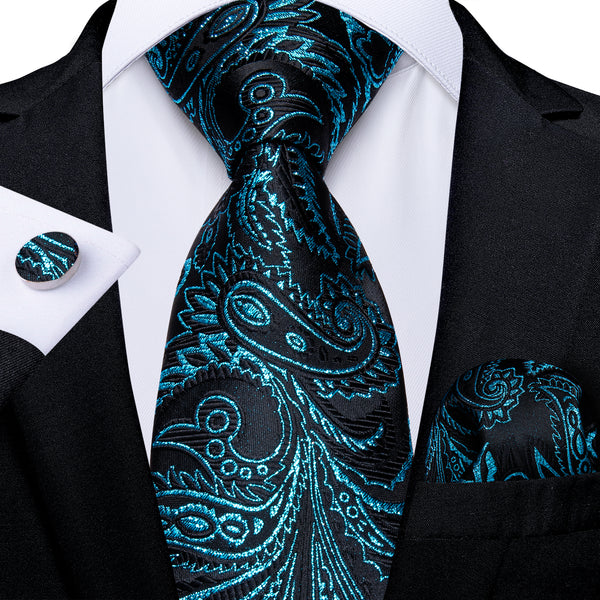 Black Lake Blue Paisley Silk Fabric Tie Hanky Cufflinks Set