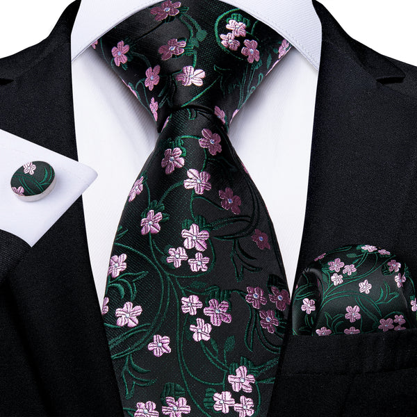 Black Green Pink Floral Silk Fabric Tie Hanky Cufflinks Set