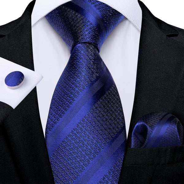 Royal Blue Striped Silk Fabric Tie Hanky Cufflinks Set