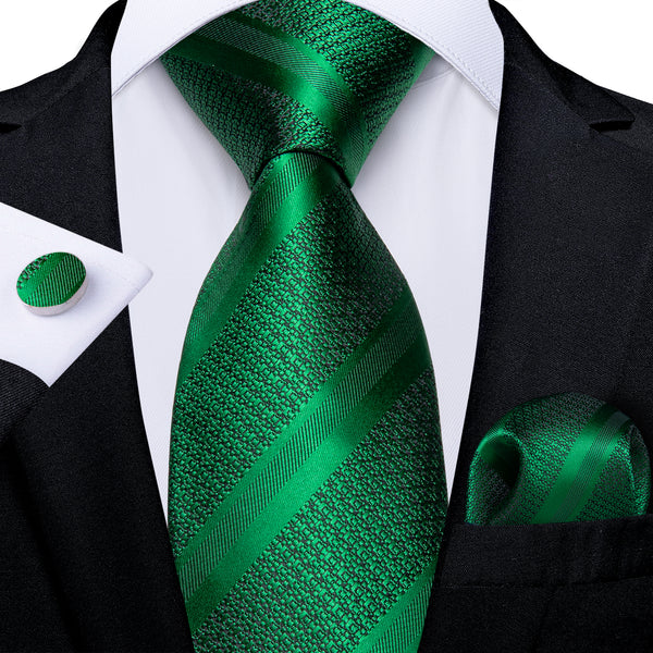 Emerald Green Striped Men's Necktie Hanky Cufflinks Set