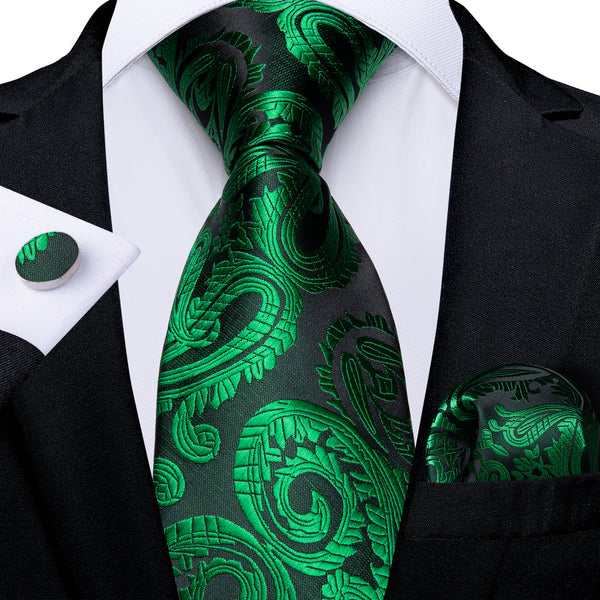 Green Paisley Silk Fabric Tie Hanky Cufflinks Set