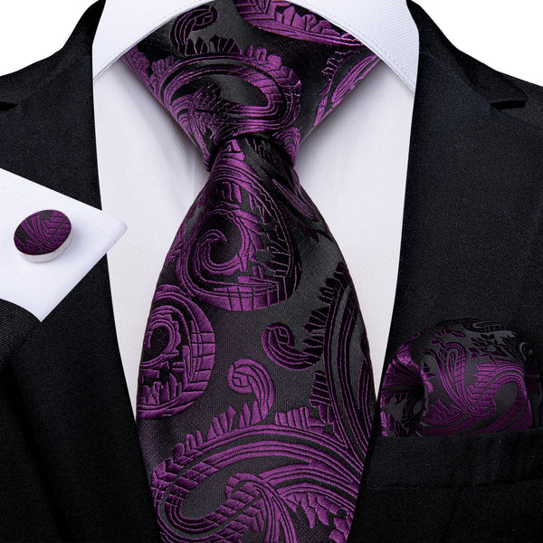 Ties2you Paisley Tie Black Purple Silk Fabric Tie Hanky Cufflinks Set